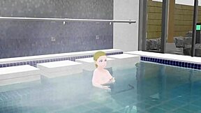 Anime woman takes a bath in a Japanese public bath called sento