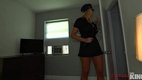 Stepmother in a police costume seduces stepson in a cage