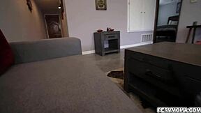 Beautiful stepmother gives a deepthroat blowjob and a sensual handjob