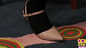 Amateur MILF dominates and gives a handjob with stockings