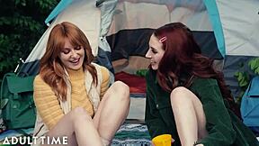 Hairy redhead Lacy Lennon and Aria Carson's wild camping trip