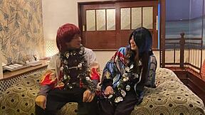 Married Japanese woman in cosplay gives deepthroat blowjob for Halloween
