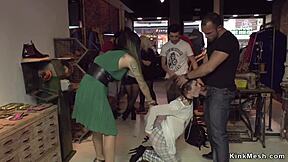 Public fun with a brunette and bondage
