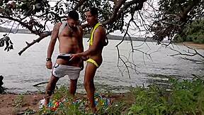 Public dam with two daredevil studs fucking in madness