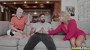 Blonde bombshell gets it from all sides in group sex