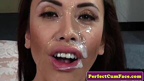 British cum babe sucks trio before getting drenched in facials