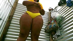 Stepmother with a big ass caught dressing outdoors