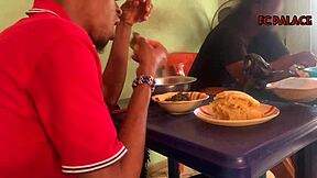 Trading barter with a horny black beauty in a restaurant