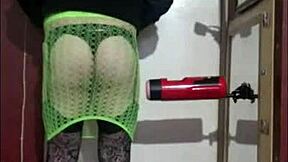 Crossdresser enjoys using a masturbation machine for solo pleasure