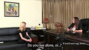 A blonde with small bosom seduces a big-boobed agent in a role-play scenario