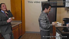 Muscular men give blow jobs and anal sex at work