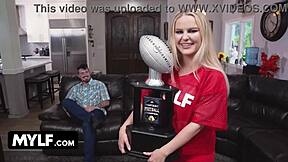 Sofa action with a blonde bombshell and a big cock