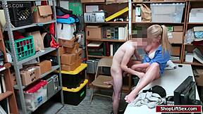 Police officer gives a blowjob to a shoplifter in the office