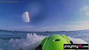 Skinny inks and babes ride jetskis naked outdoors