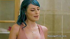 A blue-haired masseur gives a special sex massage with oil to a big white dick