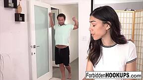 Hot college girl has sex with her roommate with a big dick in a group