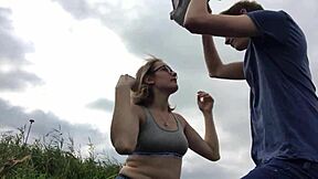 Young girlfriend learns to please her partner outdoors