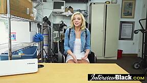A small blonde teenage girl likes to perform oral sex on big black penises