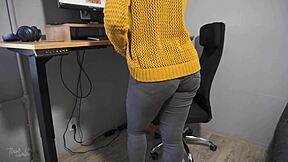 Hot secretary in tight jeans teases with visible panty line