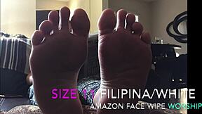 Beautiful Filipino woman with size 11 feet gets foot worship and sole licking