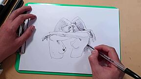 Two pretty girls draw each other with a ballpoint pen