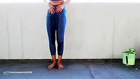 Asian girl locked out, desperate to pee on balcony
