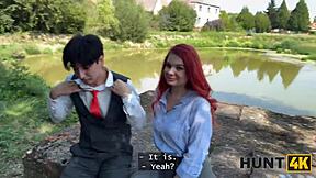 Redhead teen shows her mettle in public pussy eating
