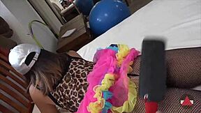A spanking ends up in a ejaculation on her fishnet-clad ass