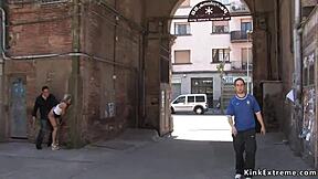 Outdoor hardcore sex with a blonde in handcuffs and bondage