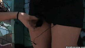 Outdoor hardcore sex with a blonde in handcuffs and bondage