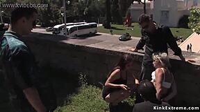Outdoor hardcore sex with a blonde in handcuffs and bondage