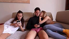 cheating with step sister while gf sleeps. her shaved pussy takes it all deep.