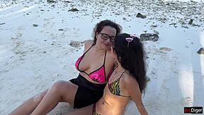 Old and young women engage in a public golden shower