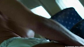 Hot blonde and brunette hostesses have fun with toys in a Boeing 777