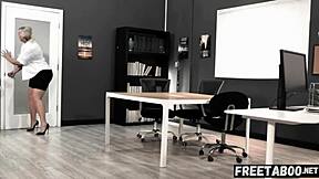 Big-boobed blonde MILF caught in the act by the office janitor