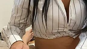 Beautiful secretary gives a great handjob and a sensual massage with oil