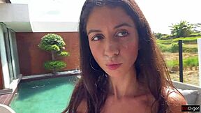 Skinny teen gets a rough and passionate poolside blowjob
