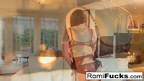 The smoking hot brunette, Romi Rain, has a solo pleasure scene where she stimulates her wet vagina