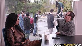 Paris the Muse in a hardcore blowbang scene with multiple men and facial scenes