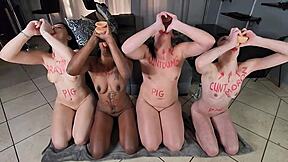 Four Stupid Forehead Sluts Covered in Red Lipstick GAGGING on Dildos for Saliva FACIALS