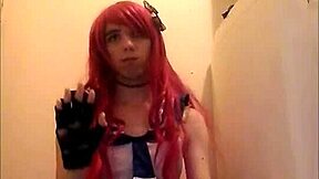 Redhead crossdresser's solo performance with a happy ending