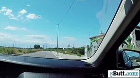 Big tits bouncing while giving a blowjob outside