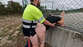 A construction worker seduces a girl and has sex with her outside and cums inside her vagina