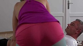 Pretty delivery girl gets a mouthful of cum in this adult video