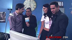 Three womanizing men in one office scene with three beautiful women