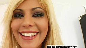 Hot teen's hairless body shakes while she rides dildo hard