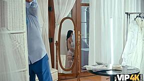 Beautiful woman with long hair and big cock cheats in the fitting room