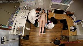 Latex clad doctor performs gyno exam on shy teen