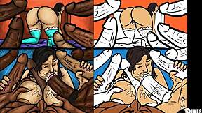 Hot milf from a Latin American country enjoys hardcore gang bang with big black cocks (illustration)