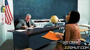 Young beauty seduces professor in the classroom and gives him a deep blow job